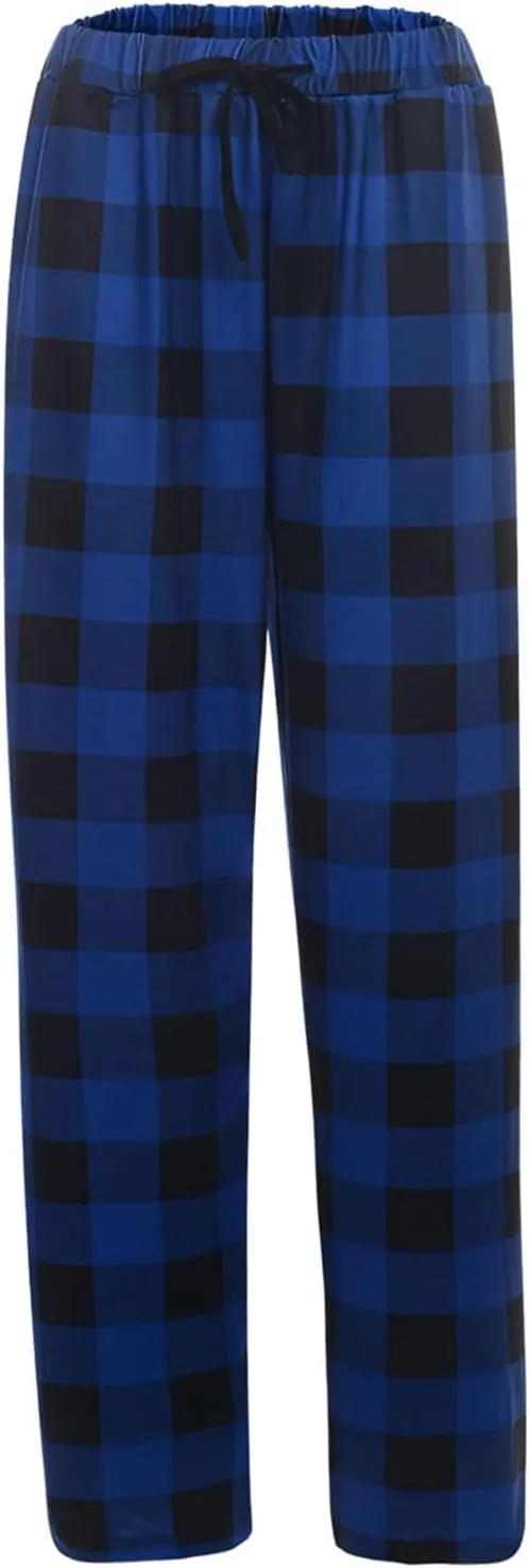 Mens Soft Plaid Long Elastic Waist with 2 Pockets Fleece Sleep Lounge Pajama Bottoms Pants