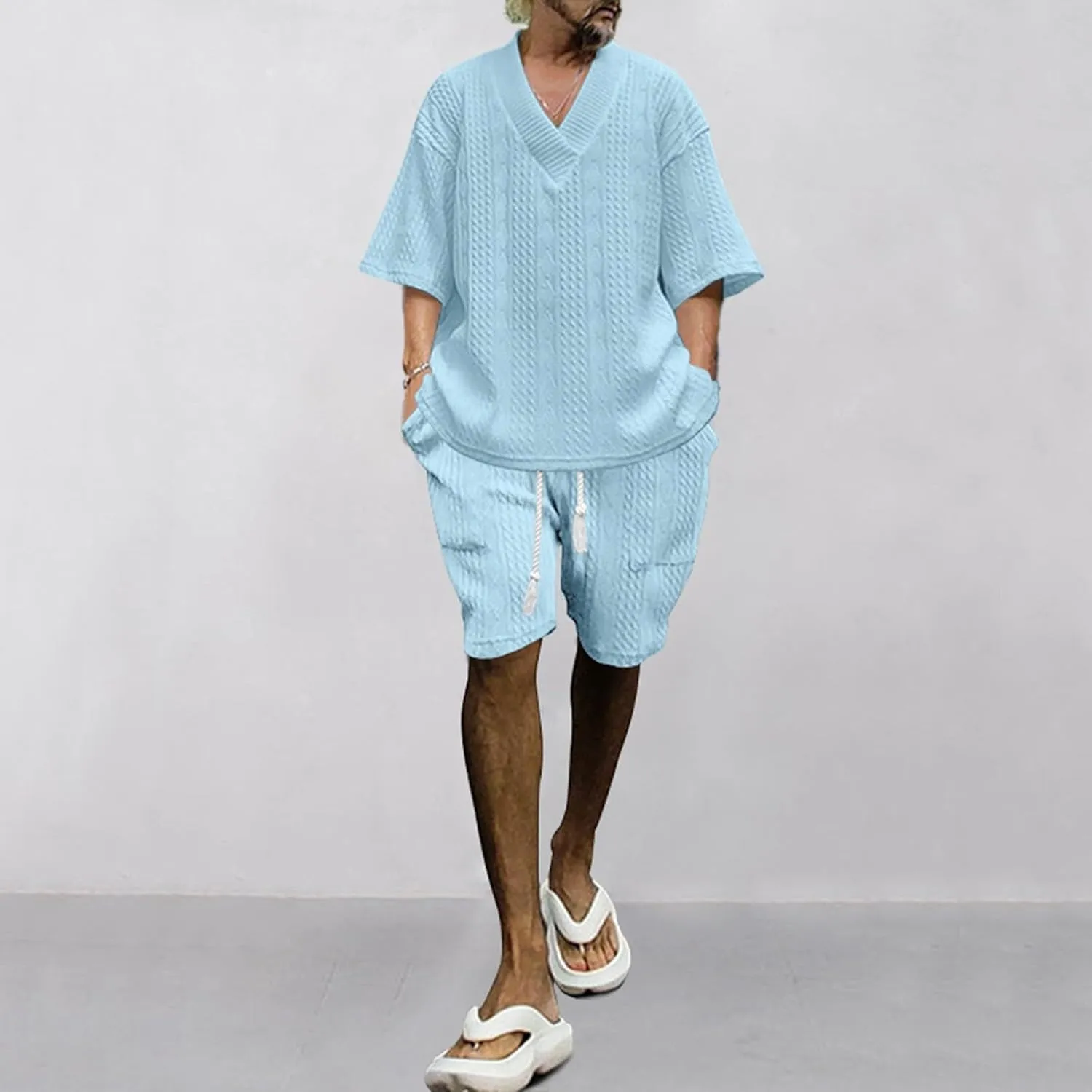 Mens Track Suits 2 Piece Set Jacquard Summer Baggy Shirt with Drawstring Shorts Set Athletic Casual Track Suit Outfits