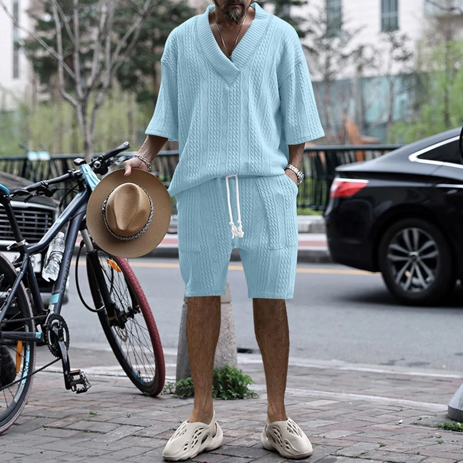 Mens Track Suits 2 Piece Set Jacquard Summer Baggy Shirt with Drawstring Shorts Set Athletic Casual Track Suit Outfits
