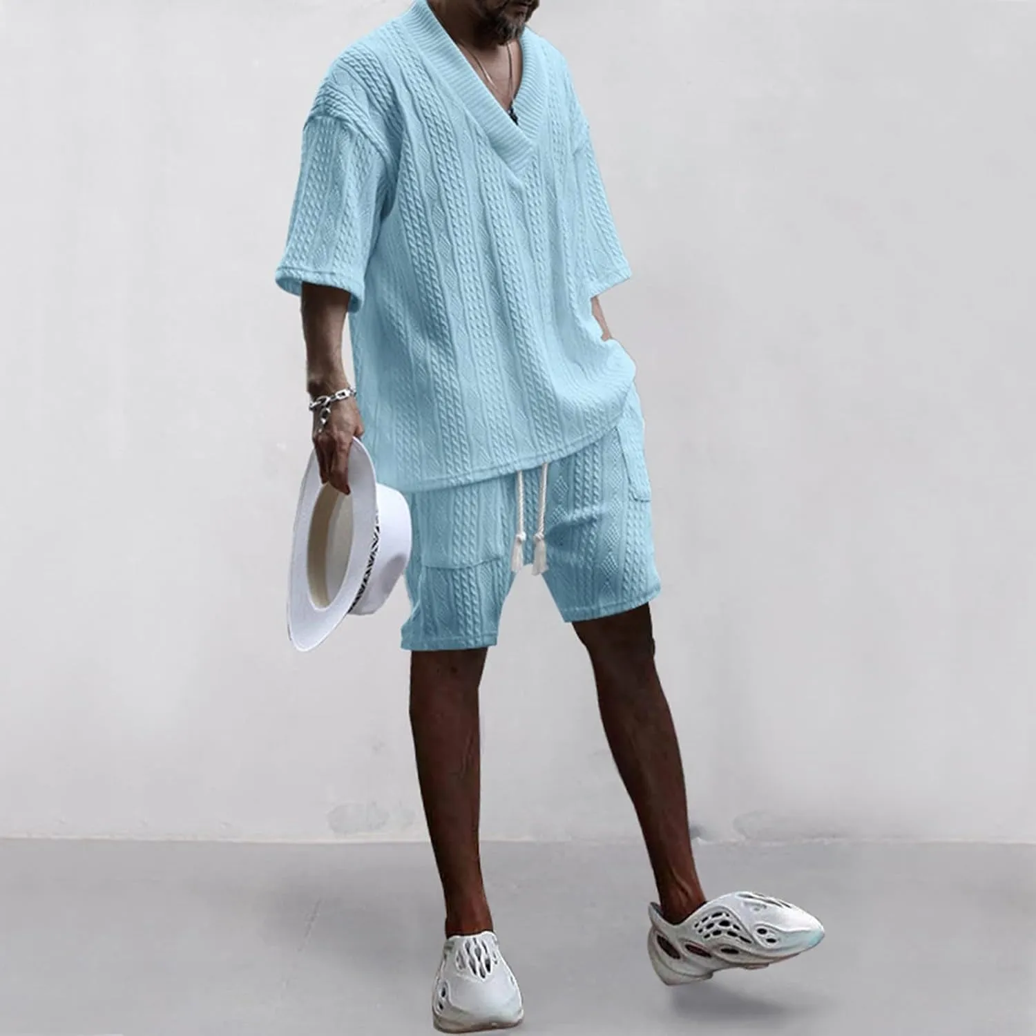 Mens Track Suits 2 Piece Set Jacquard Summer Baggy Shirt with Drawstring Shorts Set Athletic Casual Track Suit Outfits