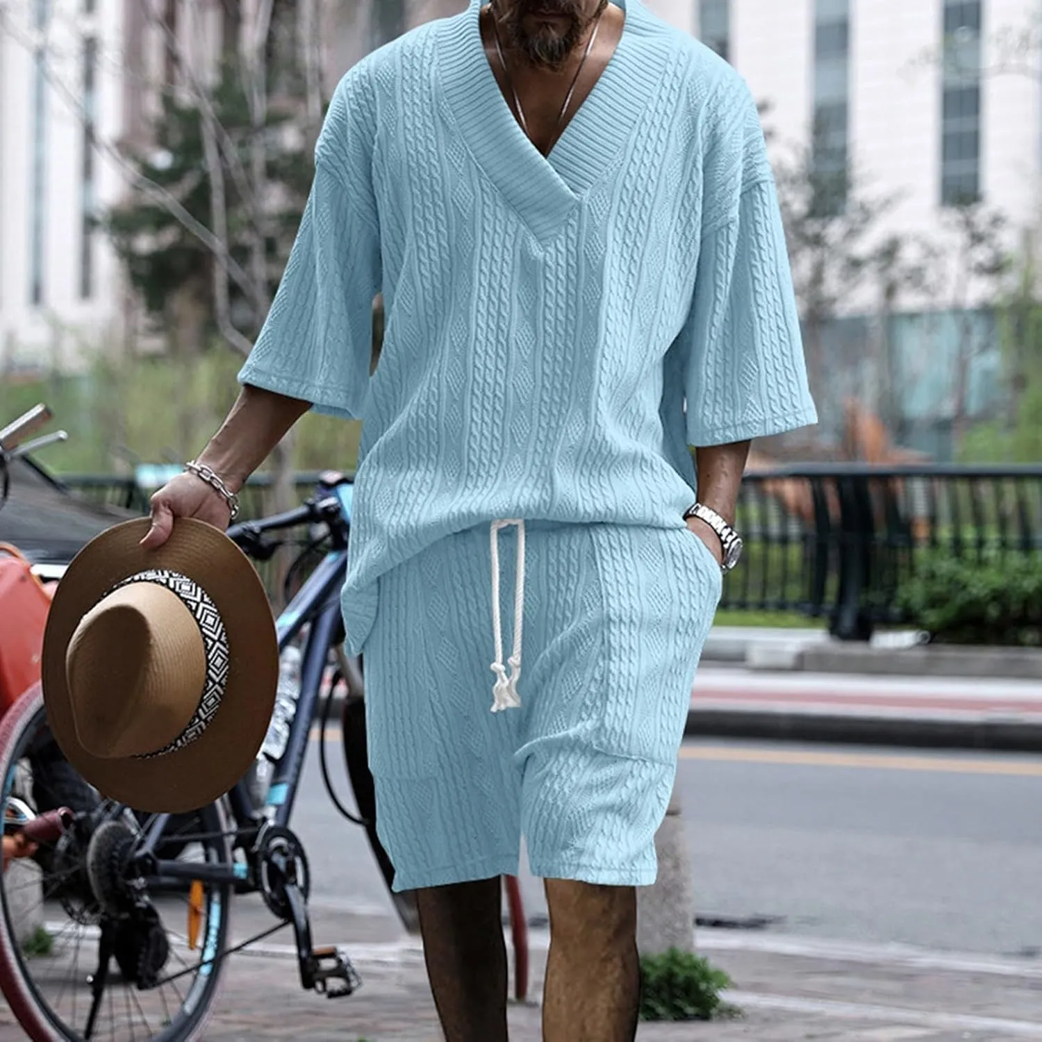 Mens Track Suits 2 Piece Set Jacquard Summer Baggy Shirt with Drawstring Shorts Set Athletic Casual Track Suit Outfits