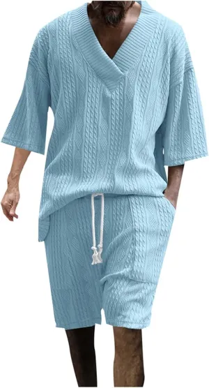 Mens Track Suits 2 Piece Set Jacquard Summer Baggy Shirt with Drawstring Shorts Set Athletic Casual Track Suit Outfits