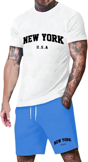 Men's Tracksuits 2 Piece Casual Short Sleeve New York Print T-Shirts Shorts Casual Beach Vacation Outfits Set