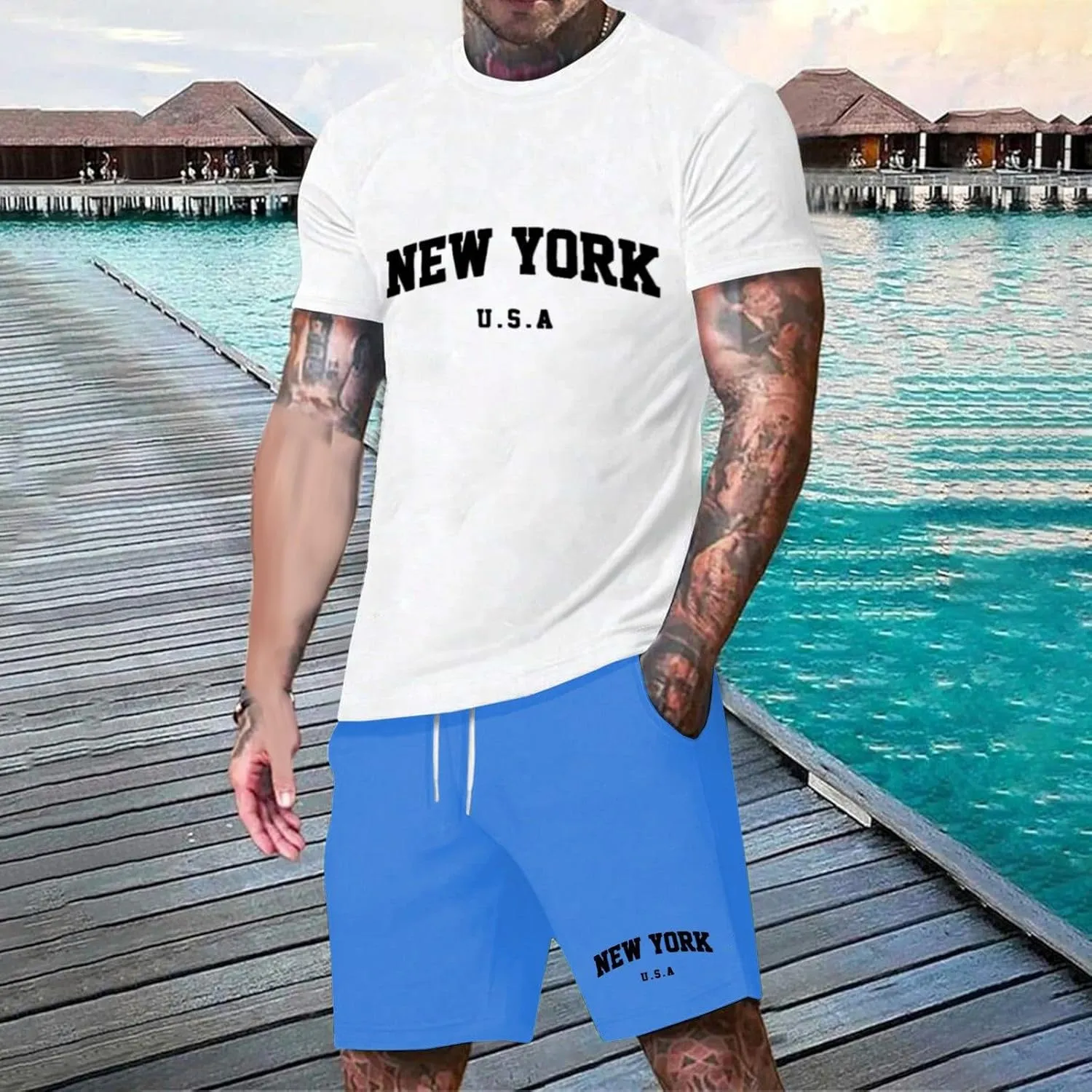 Men's Tracksuits 2 Piece Casual Short Sleeve New York Print T-Shirts Shorts Casual Beach Vacation Outfits Set