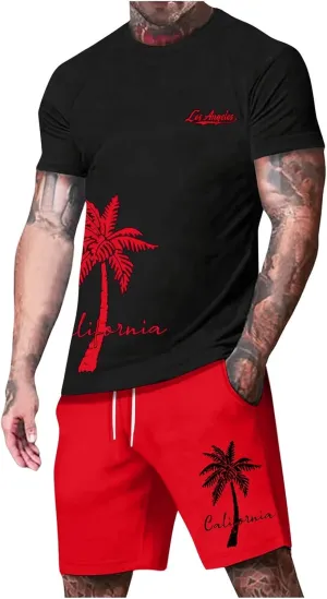 Mens Tshirts Men's 2 Piece Outfit Crewneck Short Sleeve Tee and Drawstring Shorts Tracksuits Suit Summer Sports Beach Sets Swim Trunks Red