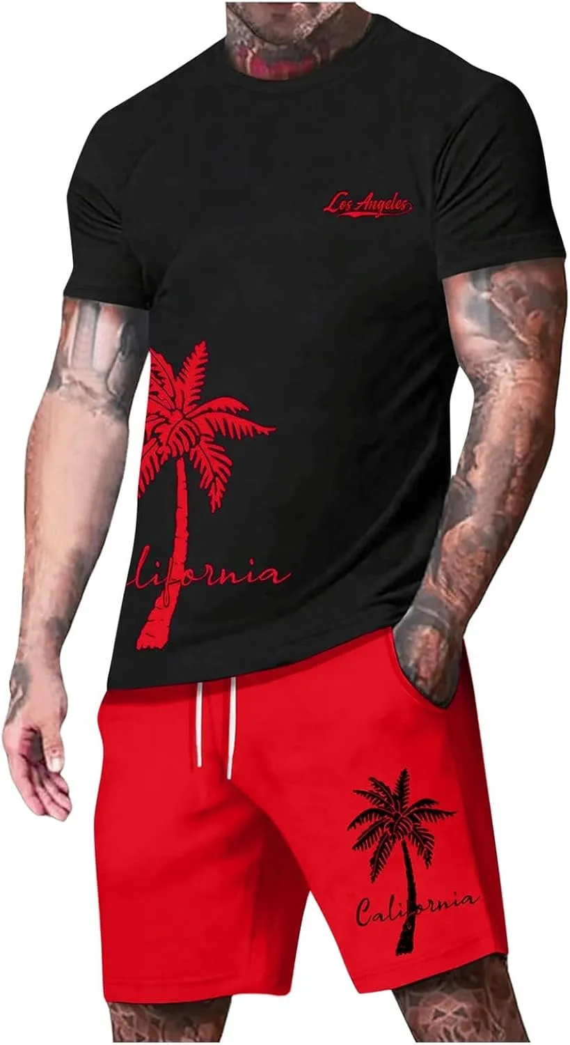 Mens Tshirts Men's 2 Piece Outfit Crewneck Short Sleeve Tee and Drawstring Shorts Tracksuits Suit Summer Sports Beach Sets Swim Trunks Red