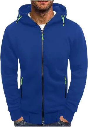 Men's Zip Up Hoodie Solid Zip Up Hooded Jacket Long Sleeve Drawstring Sweatshirt Lightweigt Athletic Coat with Pockets