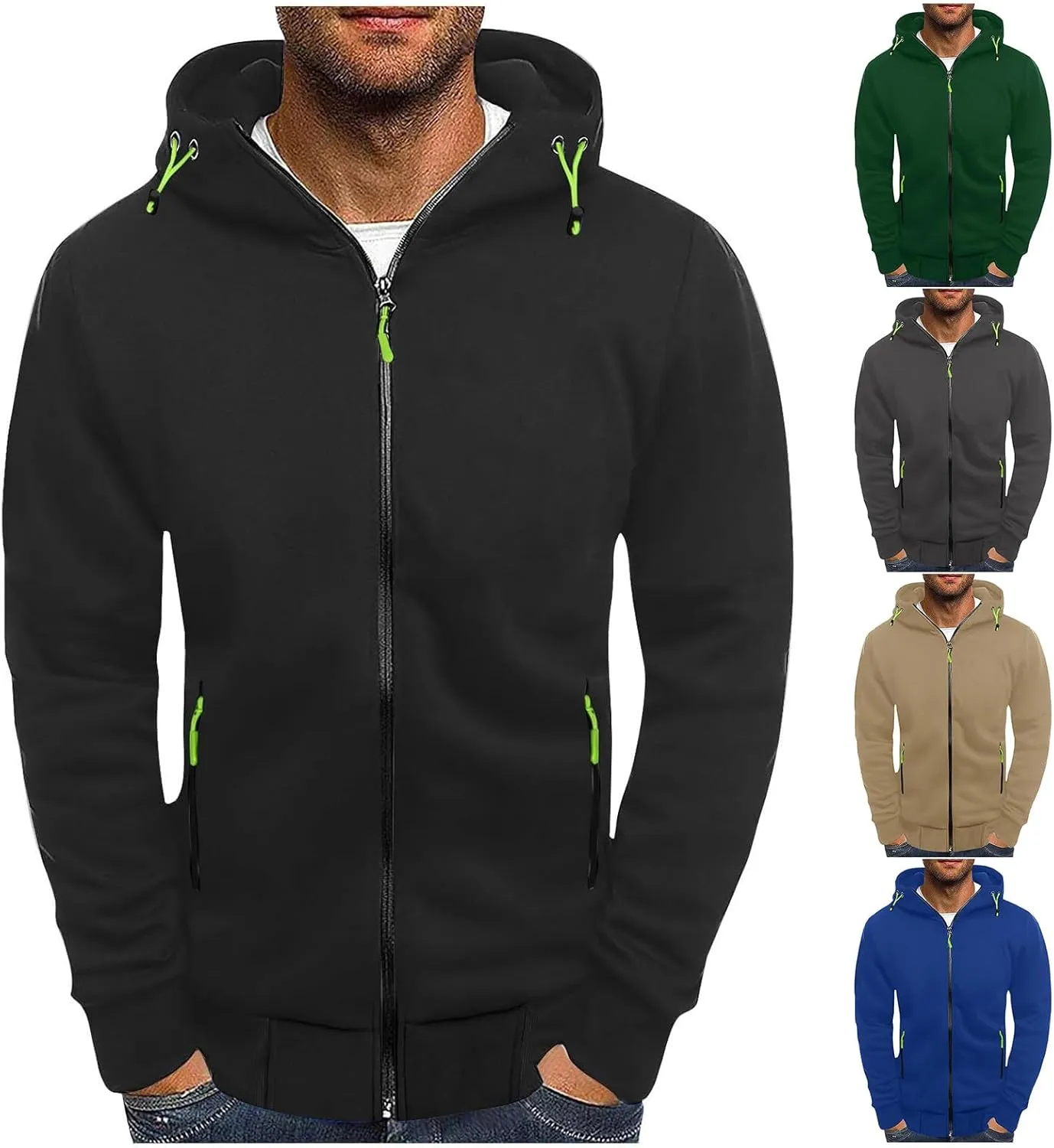 Men's Zip Up Hoodie Solid Zip Up Hooded Jacket Long Sleeve Drawstring Sweatshirt Lightweigt Athletic Coat with Pockets