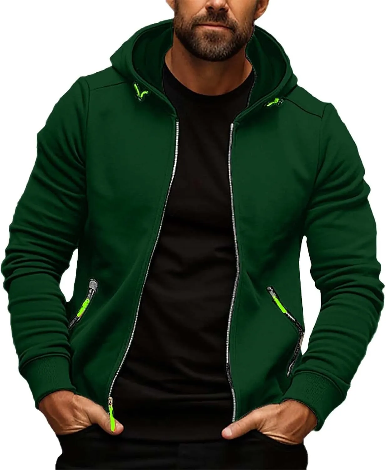 Men's Zip Up Hoodie Solid Zip Up Hooded Jacket Long Sleeve Drawstring Sweatshirt Lightweigt Athletic Coat with Pockets