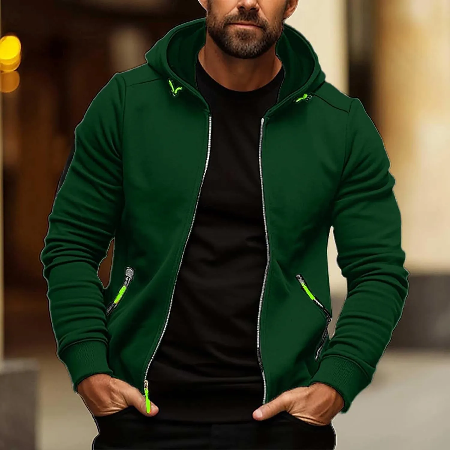 Men's Zip Up Hoodie Solid Zip Up Hooded Jacket Long Sleeve Drawstring Sweatshirt Lightweigt Athletic Coat with Pockets