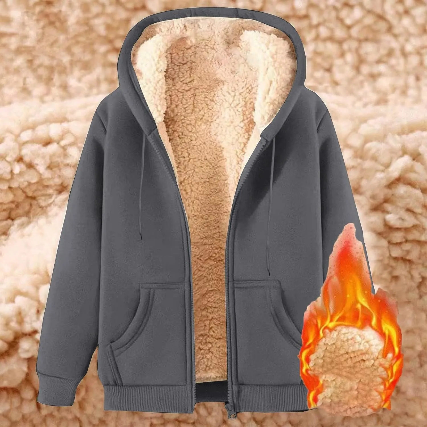 Men's Zip Up Hoodies Heavyweight Fleece Lined Sweatshirts Jacket Winter Windproof Warm Thick Sherpa Hooded Sweatshirt