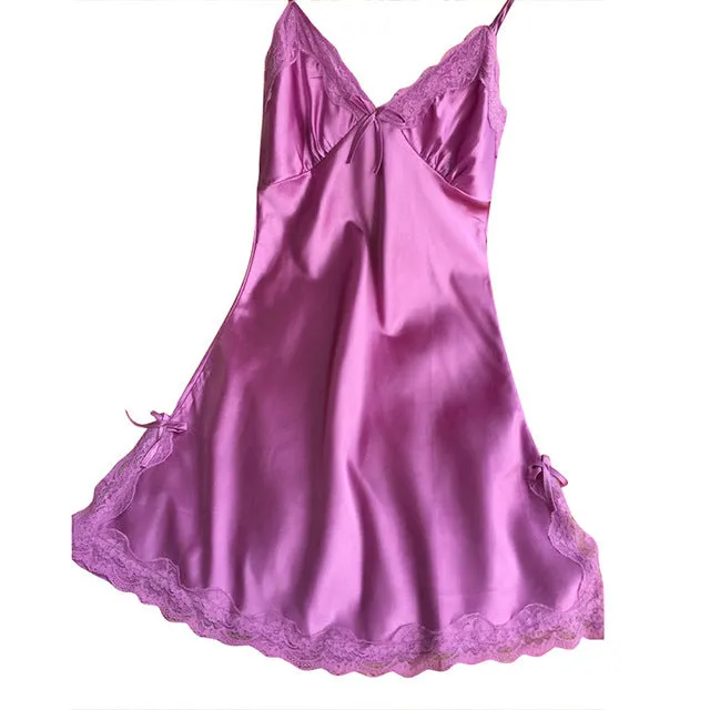 Nightgown Women Silk Satin Night Dress Sleeveless Nighties V-neck Nightdress Lace Sleepwear Nightwear
