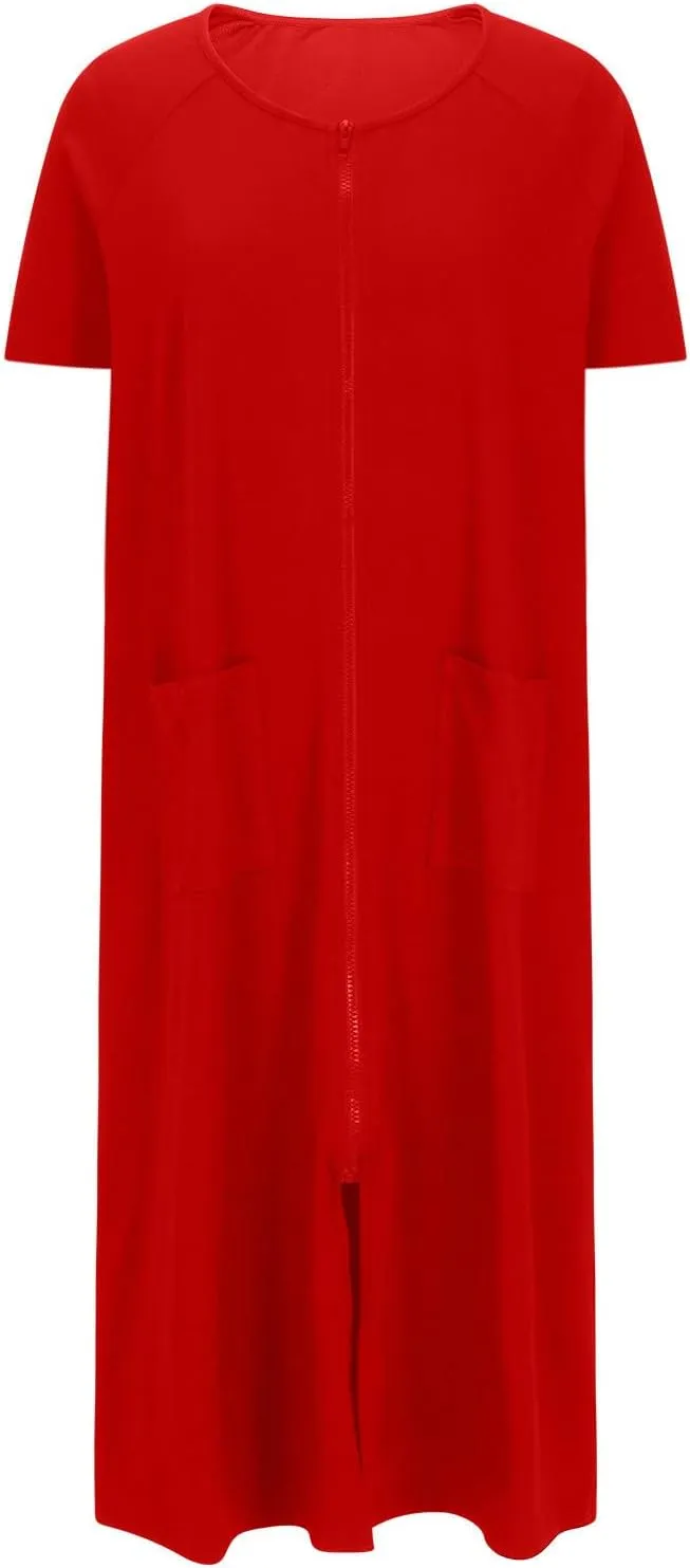 Nightgowns for Women Zip Front Nightshirt Short Sleeve Sleepwear Loose Crewneck Soft Summer Sleep Dress with Pockets
