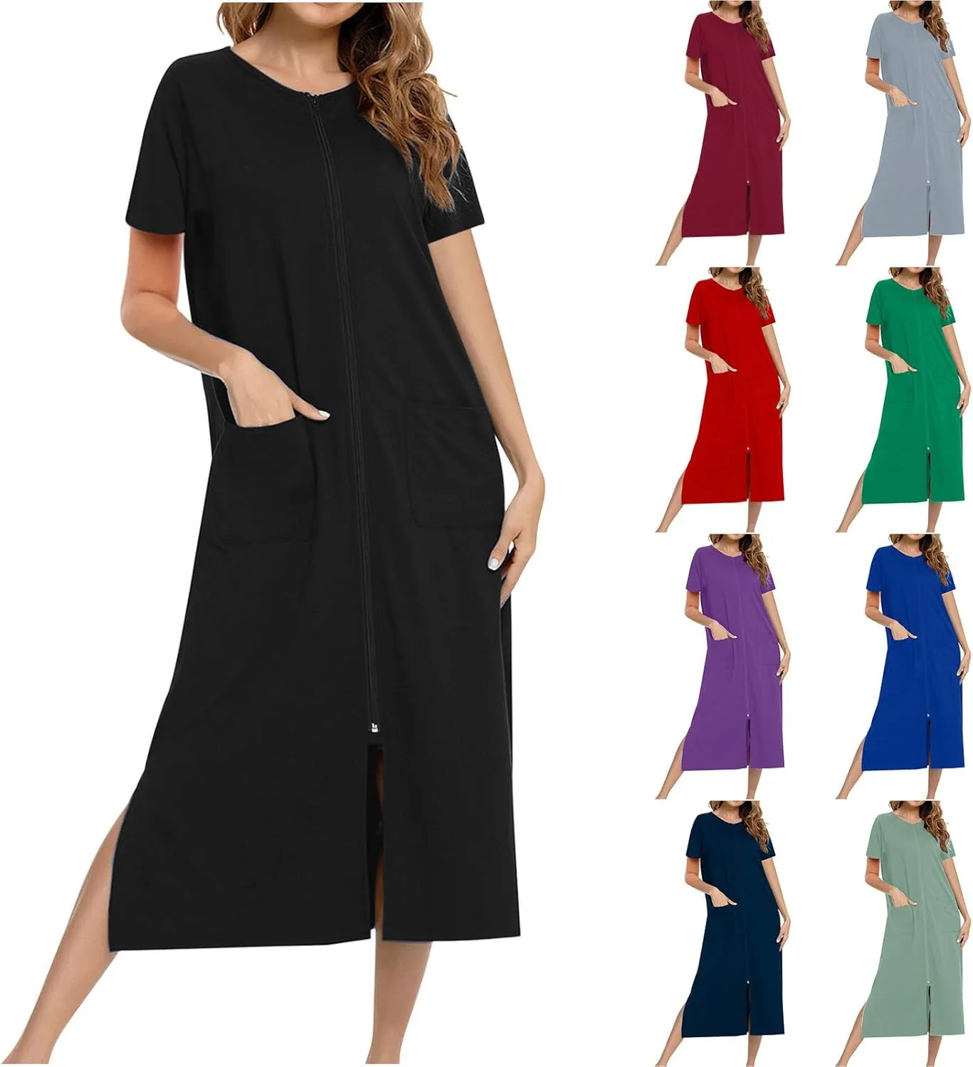 Nightgowns for Women Zip Front Nightshirt Short Sleeve Sleepwear Loose Crewneck Soft Summer Sleep Dress with Pockets