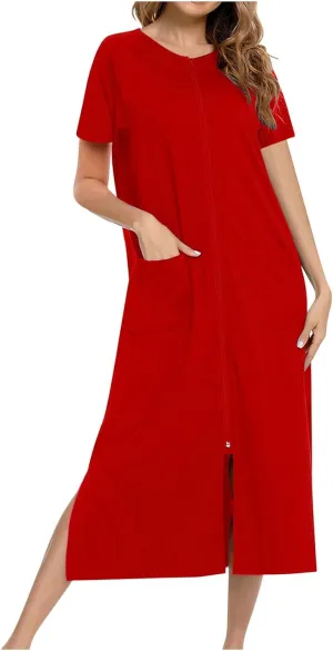 Nightgowns for Women Zip Front Nightshirt Short Sleeve Sleepwear Loose Crewneck Soft Summer Sleep Dress with Pockets