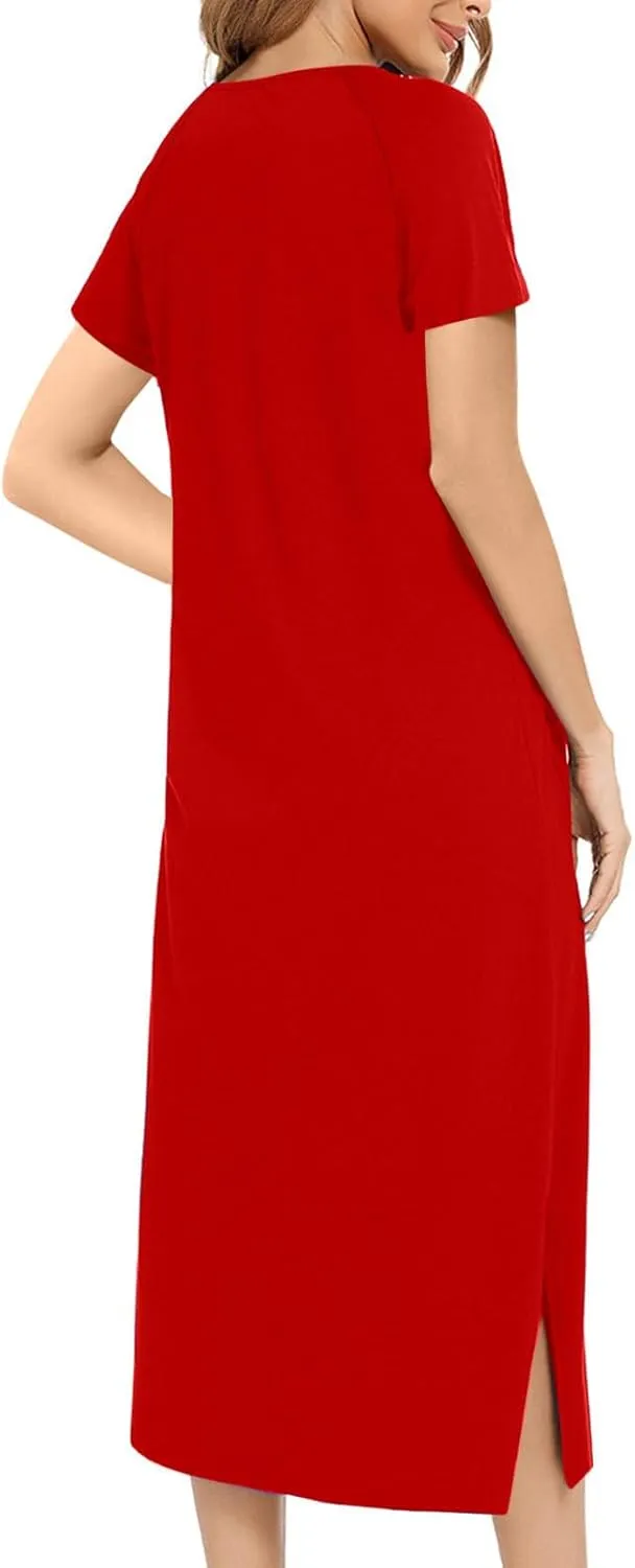 Nightgowns for Women Zip Front Nightshirt Short Sleeve Sleepwear Loose Crewneck Soft Summer Sleep Dress with Pockets