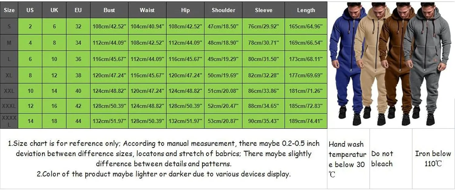 Onesies Men's Hooded Jumpsuit Zip Up One Piece Pajamas Workout Jogging Playsuit Jogger Sweatsuit Overall Romper