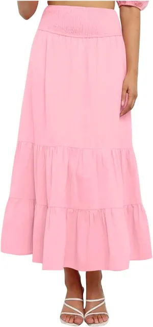 Oplxuo Women's Maxi Skirts Summer Casual Ruffle Tiered Pleated Elastic High Waist Flowy Swing Long Skirts
