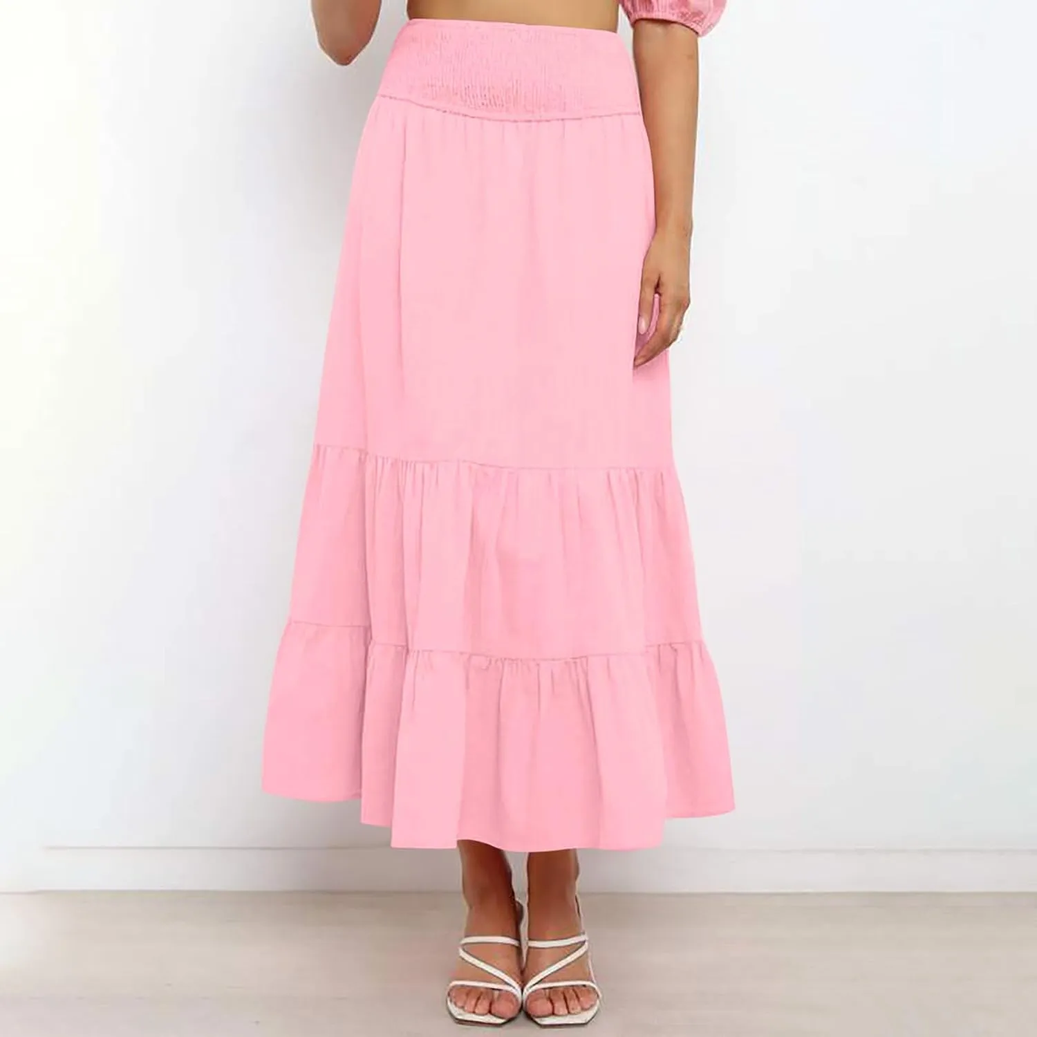 Oplxuo Women's Maxi Skirts Summer Casual Ruffle Tiered Pleated Elastic High Waist Flowy Swing Long Skirts