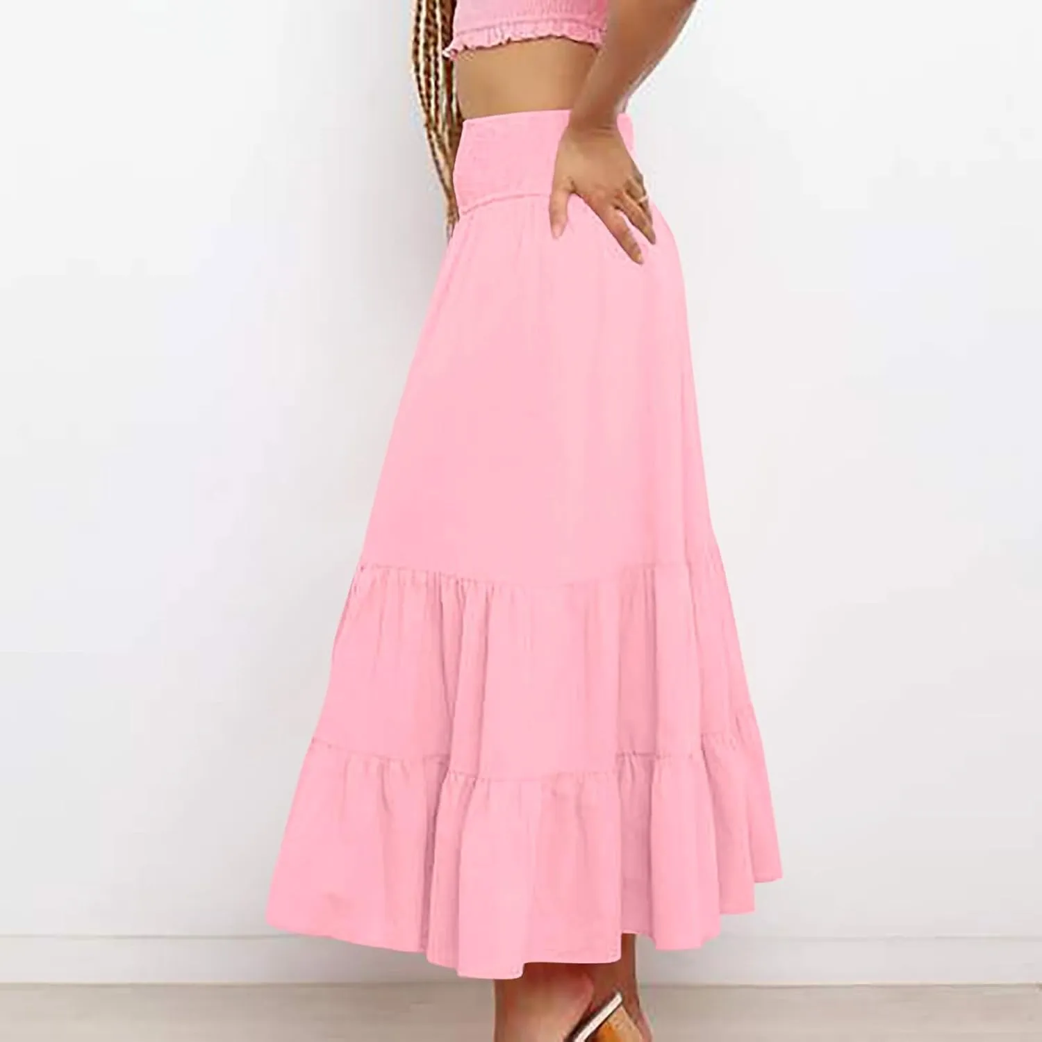 Oplxuo Women's Maxi Skirts Summer Casual Ruffle Tiered Pleated Elastic High Waist Flowy Swing Long Skirts