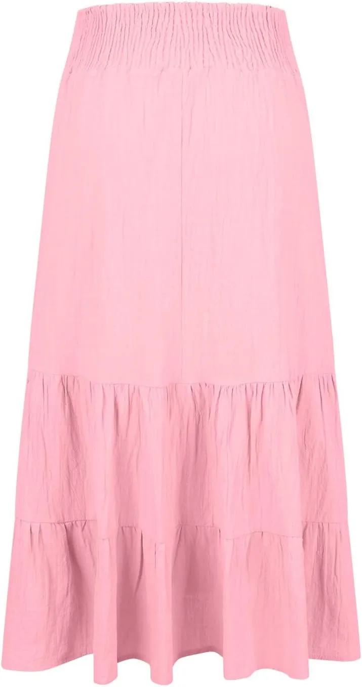 Oplxuo Women's Maxi Skirts Summer Casual Ruffle Tiered Pleated Elastic High Waist Flowy Swing Long Skirts