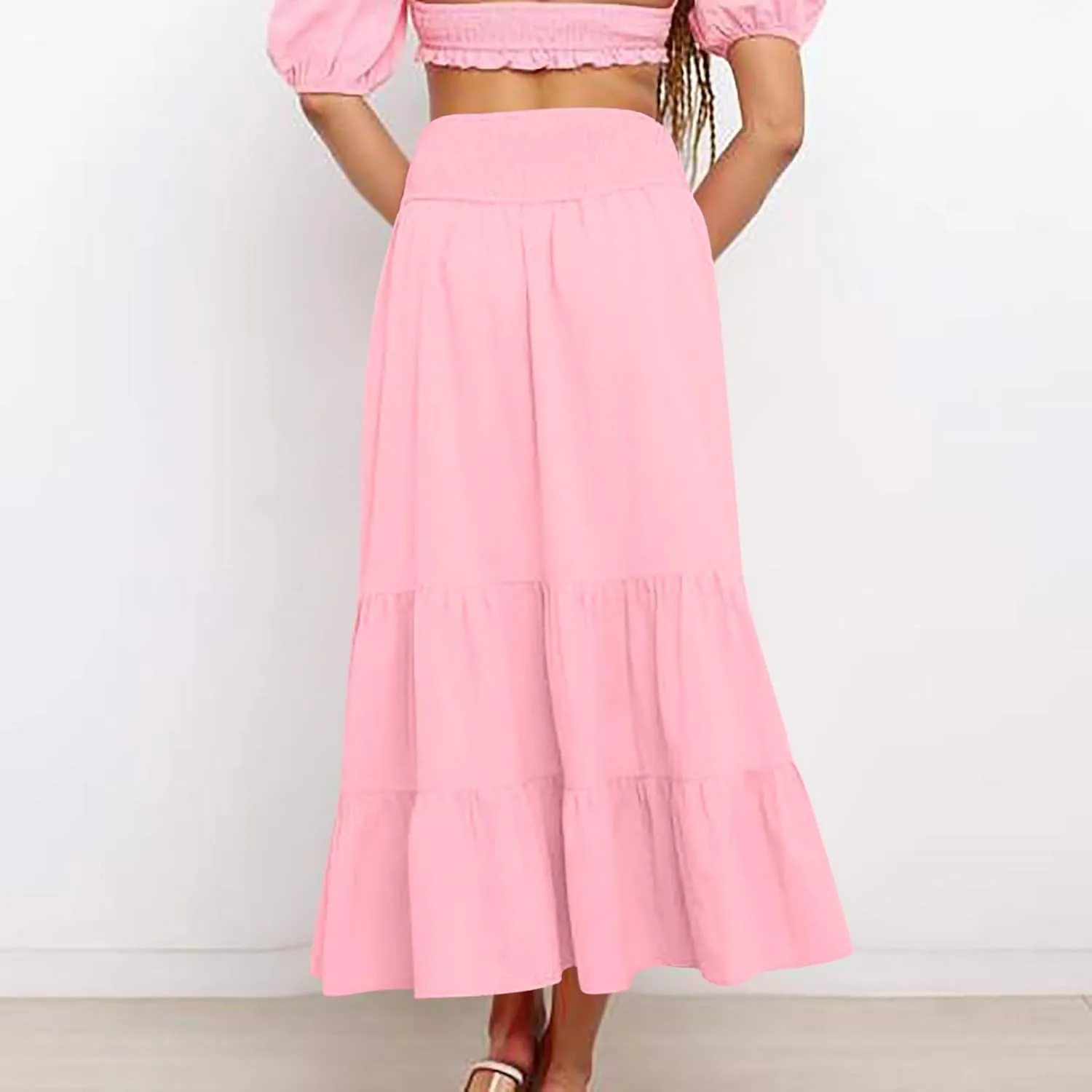 Oplxuo Women's Maxi Skirts Summer Casual Ruffle Tiered Pleated Elastic High Waist Flowy Swing Long Skirts