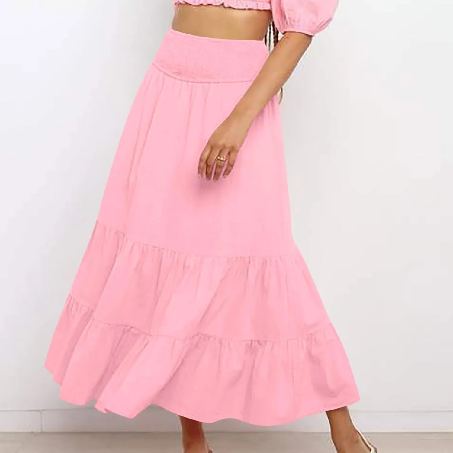 Oplxuo Women's Maxi Skirts Summer Casual Ruffle Tiered Pleated Elastic High Waist Flowy Swing Long Skirts