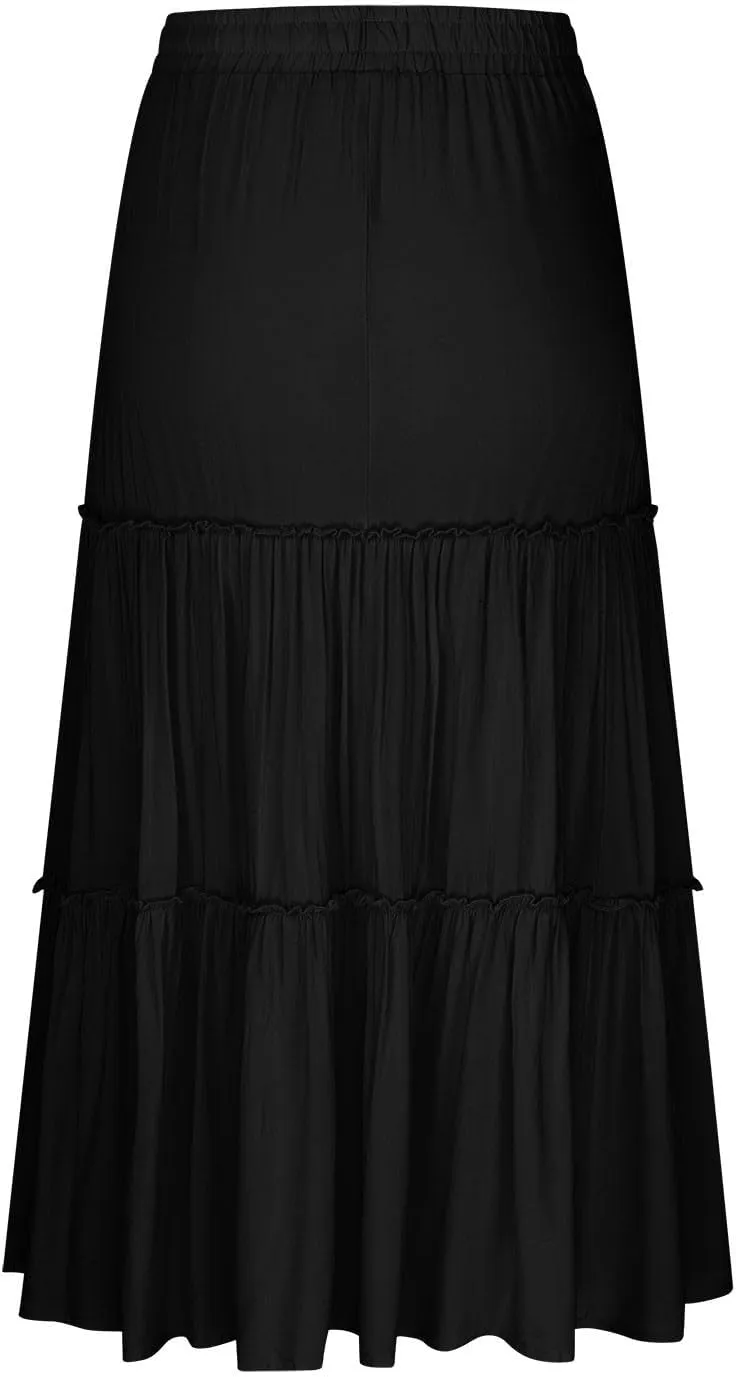 Oplxuo Women's Summer Ruffle Tiered Pleated Maxi Skirt Casual Drawstring Elastic High Waist Flowy Swing Long Skirts