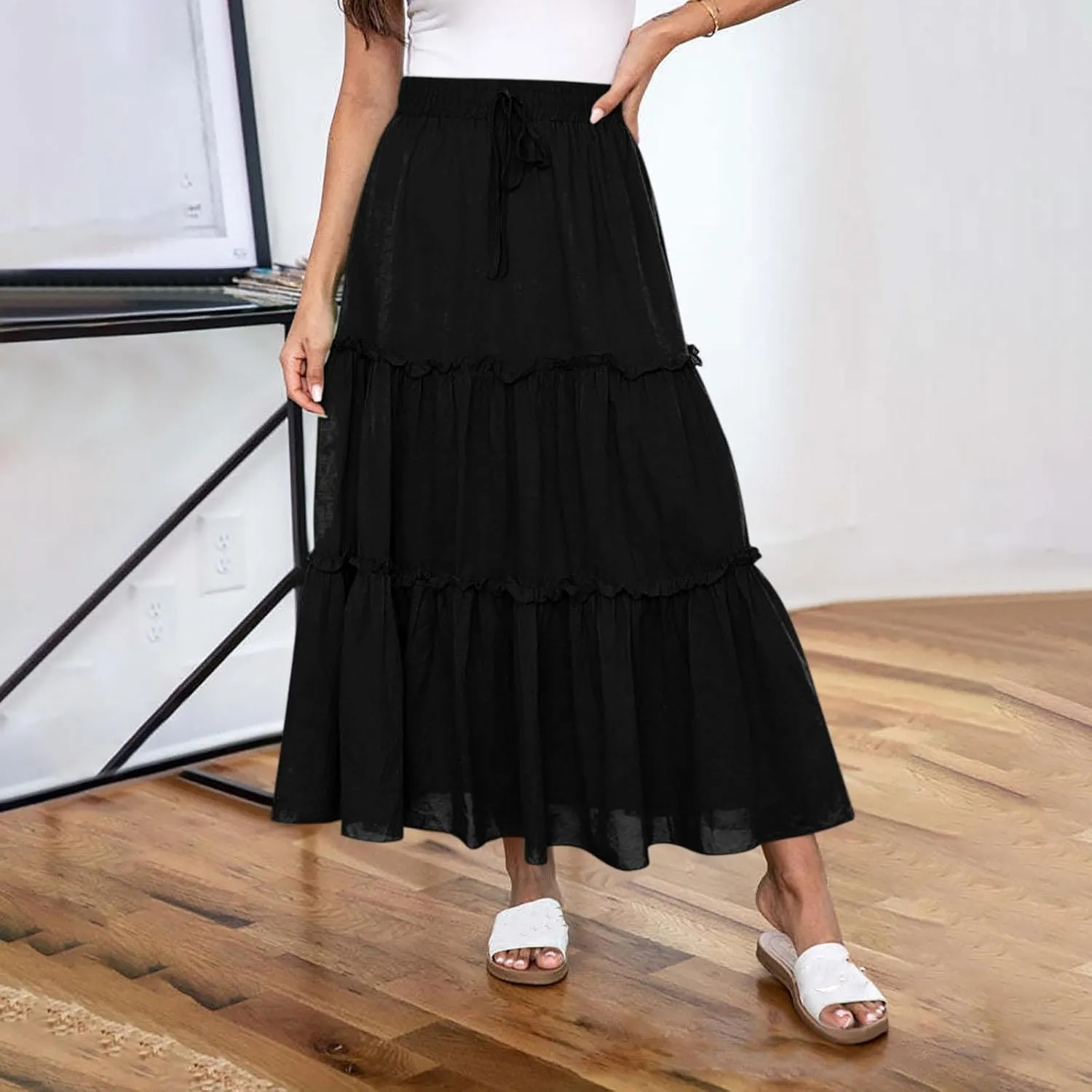 Oplxuo Women's Summer Ruffle Tiered Pleated Maxi Skirt Casual Drawstring Elastic High Waist Flowy Swing Long Skirts