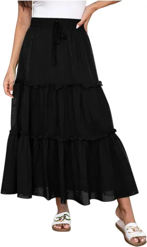 Oplxuo Women's Summer Ruffle Tiered Pleated Maxi Skirt Casual Drawstring Elastic High Waist Flowy Swing Long Skirts