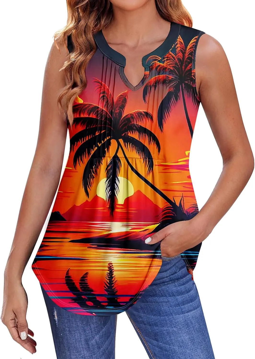 Oversized Graphic Tees for Women Summer Graphic Tops Sleeveless V Neck Tshirt Loose Fit Casual Tank Tunic Blouses