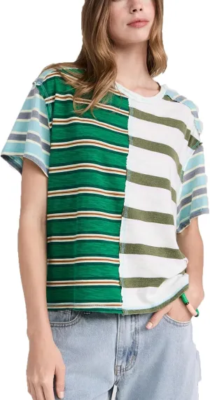 Oversized Striped T Shirt for Women Crewneck Short Sleeve Color Block Basic Tees Summer Y2K Loose Fit Drop Shoulder Tops