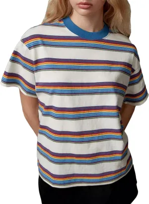 Oversized Striped T Shirt for Women Crewneck Short Sleeve Color Block Basic Tees Summer Y2K Loose Fit Drop Shoulder Tops
