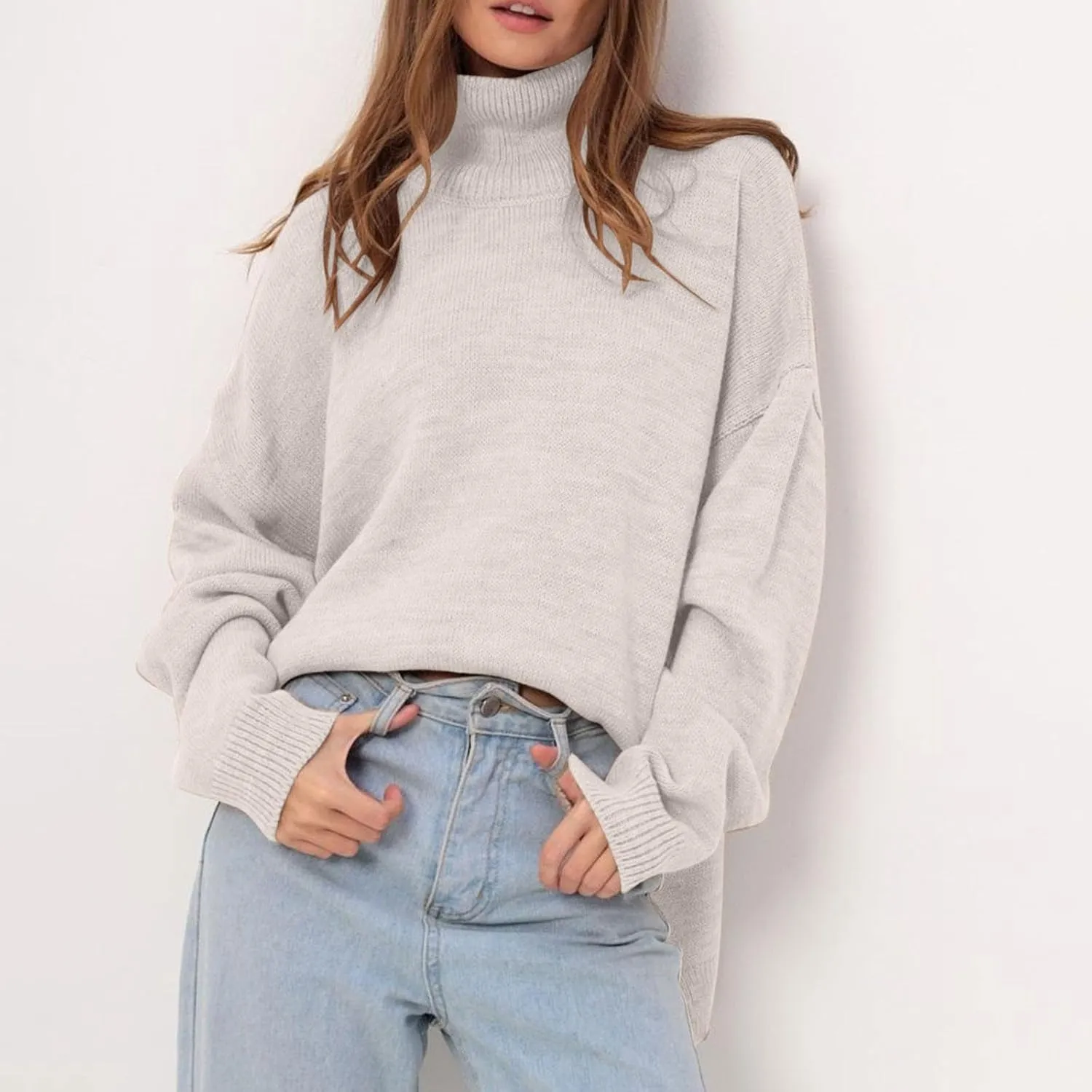 Oversized Sweaters for Women Fall Winter Long Sleeve Turtleneck Knit Pullover Solid Color Casual Loose Fit Jumper Tops