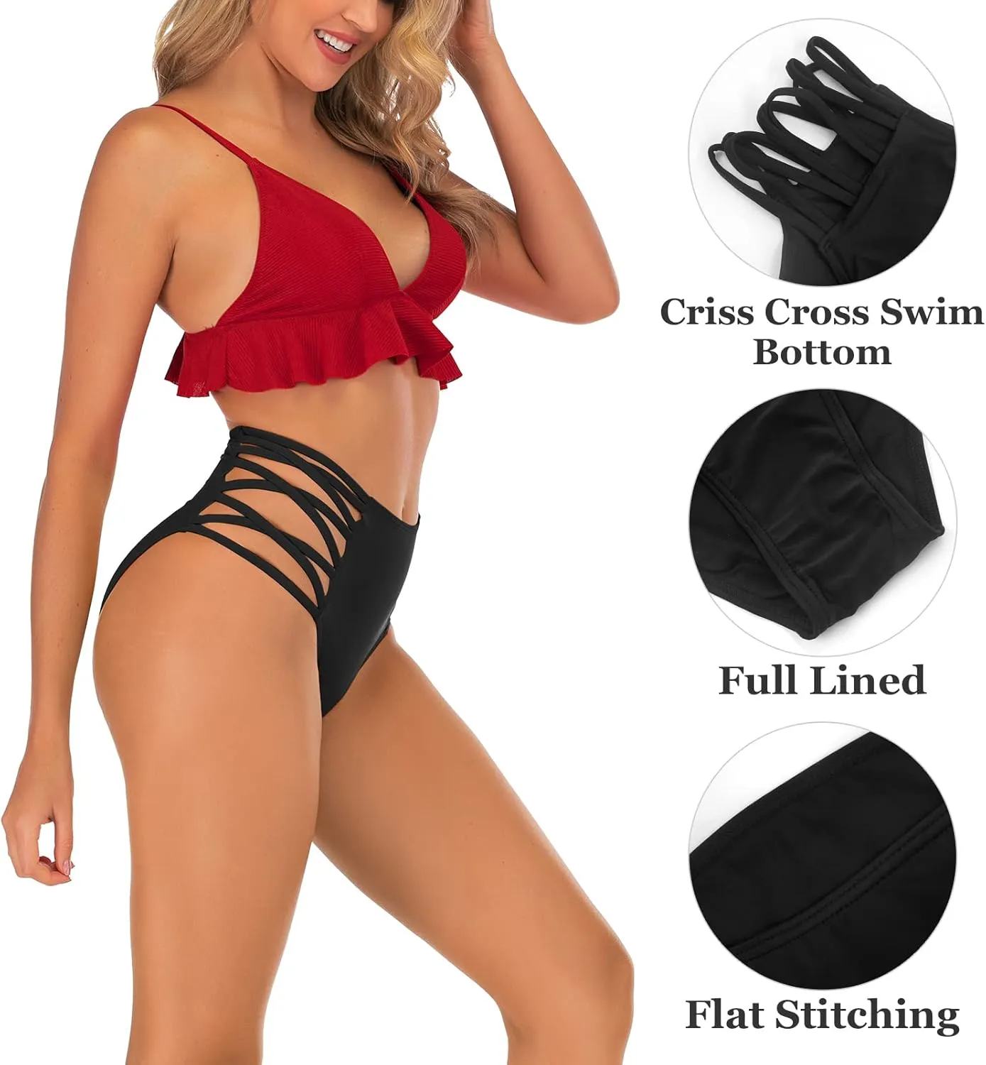 Panegy Women's High Waisted Bikini Bottoms Tummy Control Strappy Bathing Suit Bottom