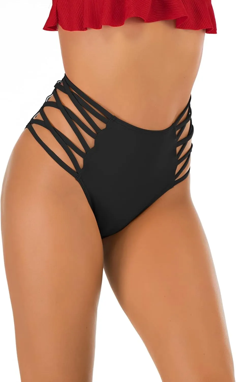Panegy Women's High Waisted Bikini Bottoms Tummy Control Strappy Bathing Suit Bottom
