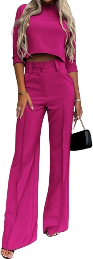 Pants Sets Women 2 Piece Outfits Casual Long Sleeve Commuting Sets and High Waist Long Pants Work Business Sets