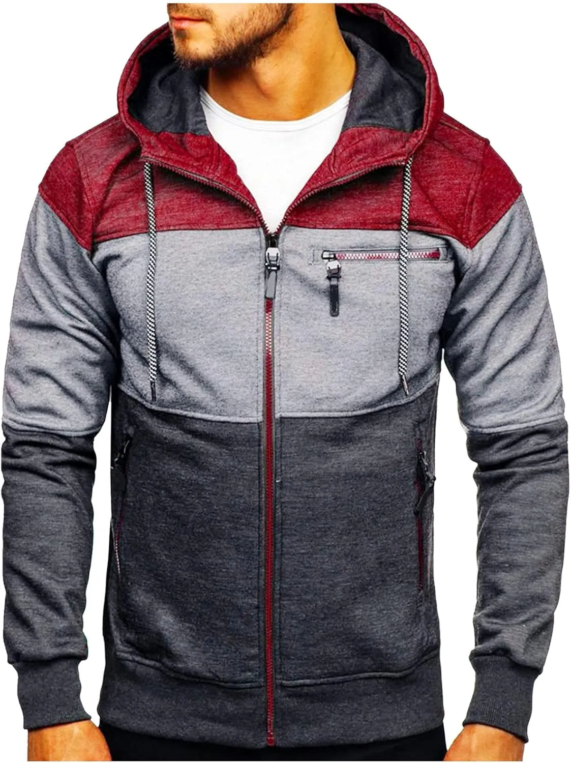 PGOJUNI Hoodies for Men Zip Up, Mens Hoodies Zip Up Color Block Long Sleeve Lightweight Hooded Sweatshirts Coats with Pockets