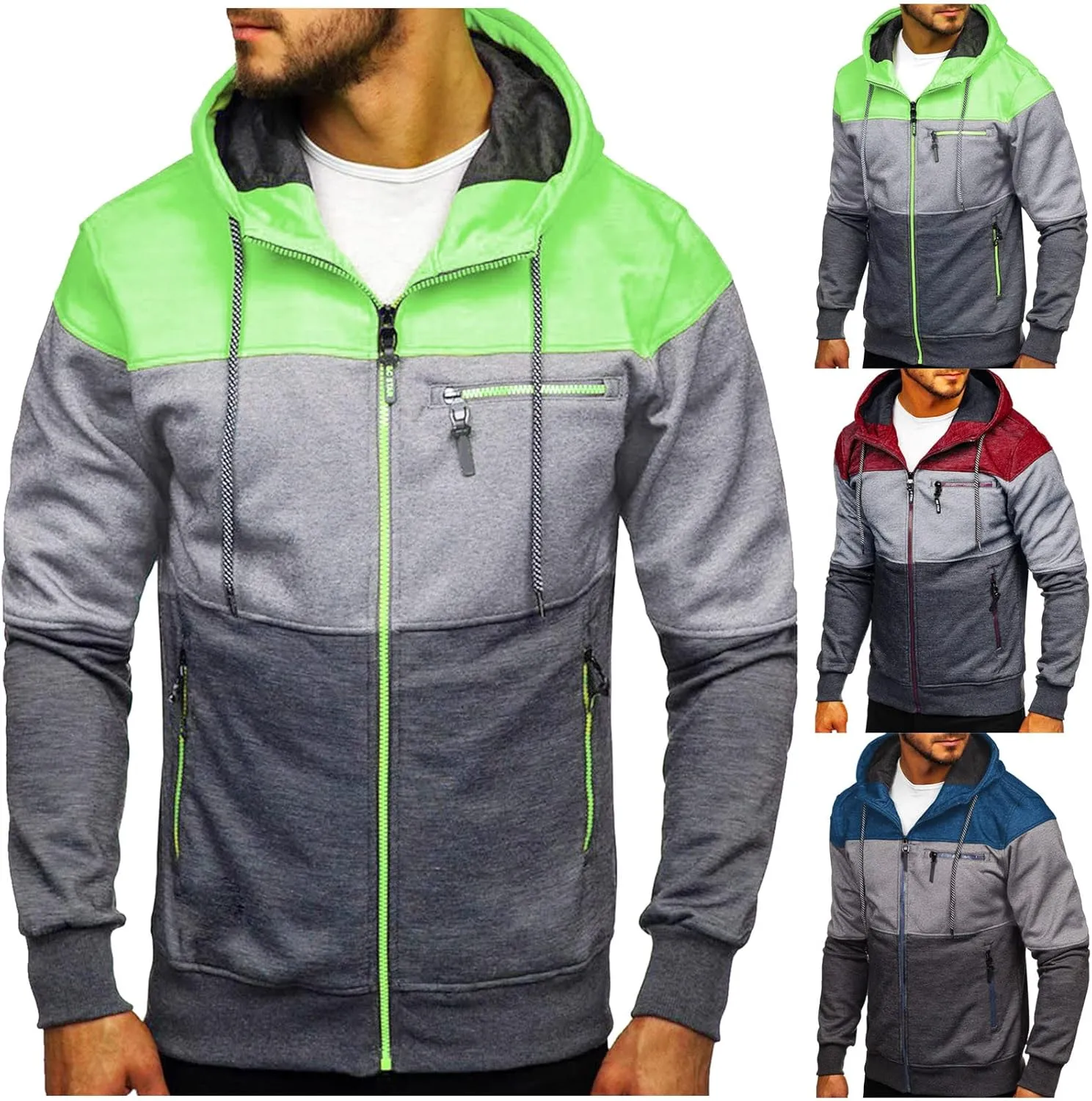 PGOJUNI Hoodies for Men Zip Up, Mens Hoodies Zip Up Color Block Long Sleeve Lightweight Hooded Sweatshirts Coats with Pockets