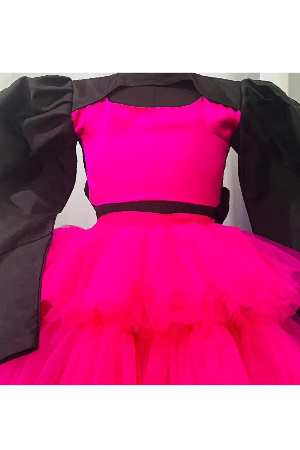 Pink And Black Puff Sleeves Satin Top With Frill Skirt Set