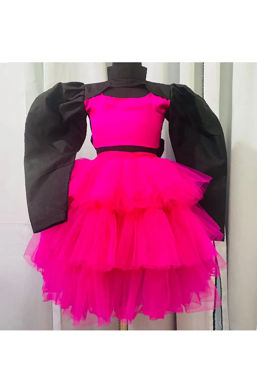 Pink And Black Puff Sleeves Satin Top With Frill Skirt Set