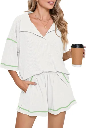 Pink Queen Womens 2 Piece Pajama Sets Short Sleeve Tops Lounge Sets Casual 2 Piece Outfits Summer Short Sets Loungewear