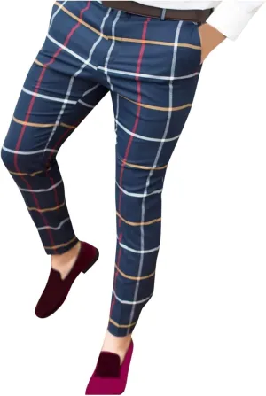 Plaid Pants for Men Slim Fit Flat Front Skinny Chino Dress Pants Checkered Business Casual Pants Stretch Golf Trousers