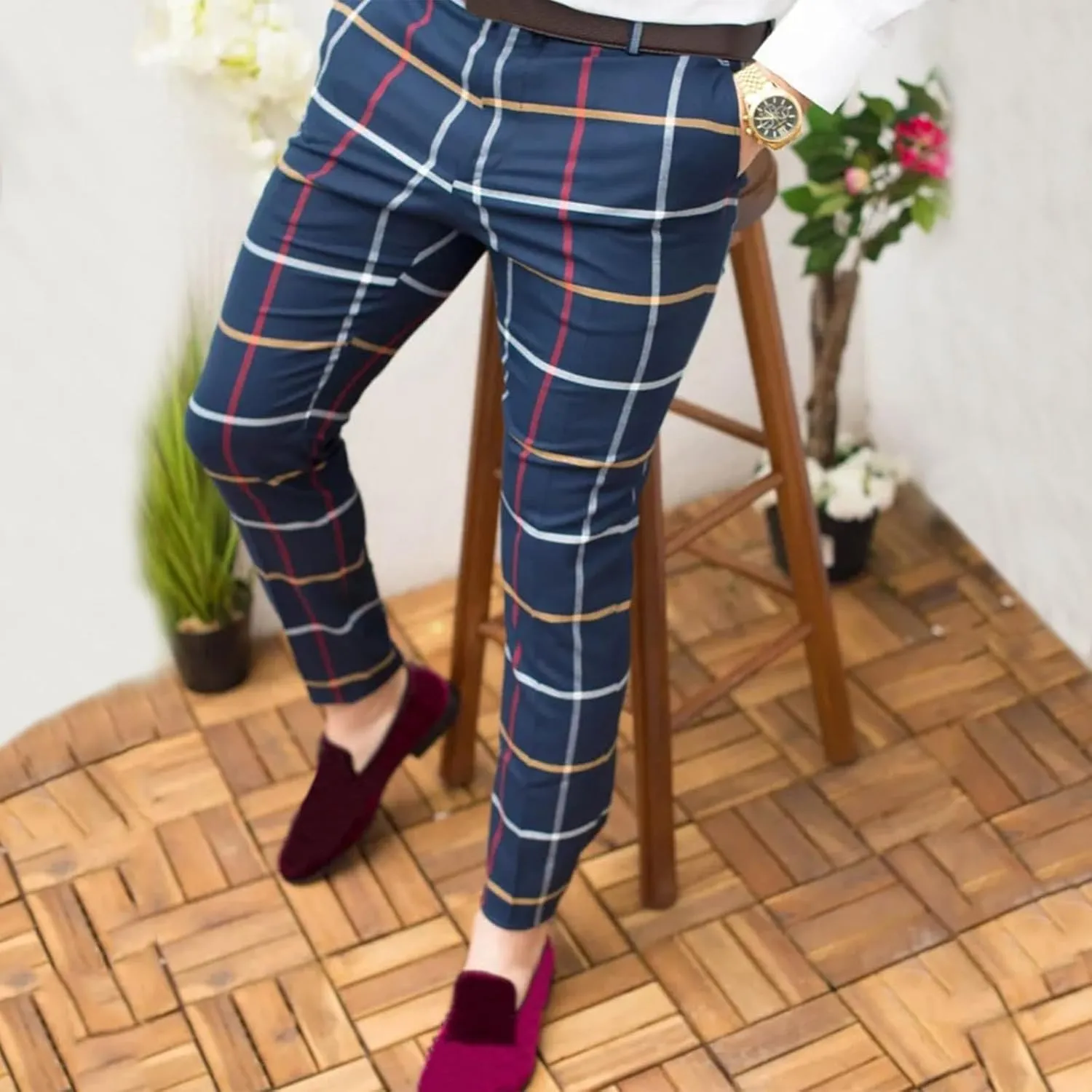 Plaid Pants for Men Slim Fit Flat Front Skinny Chino Dress Pants Checkered Business Casual Pants Stretch Golf Trousers