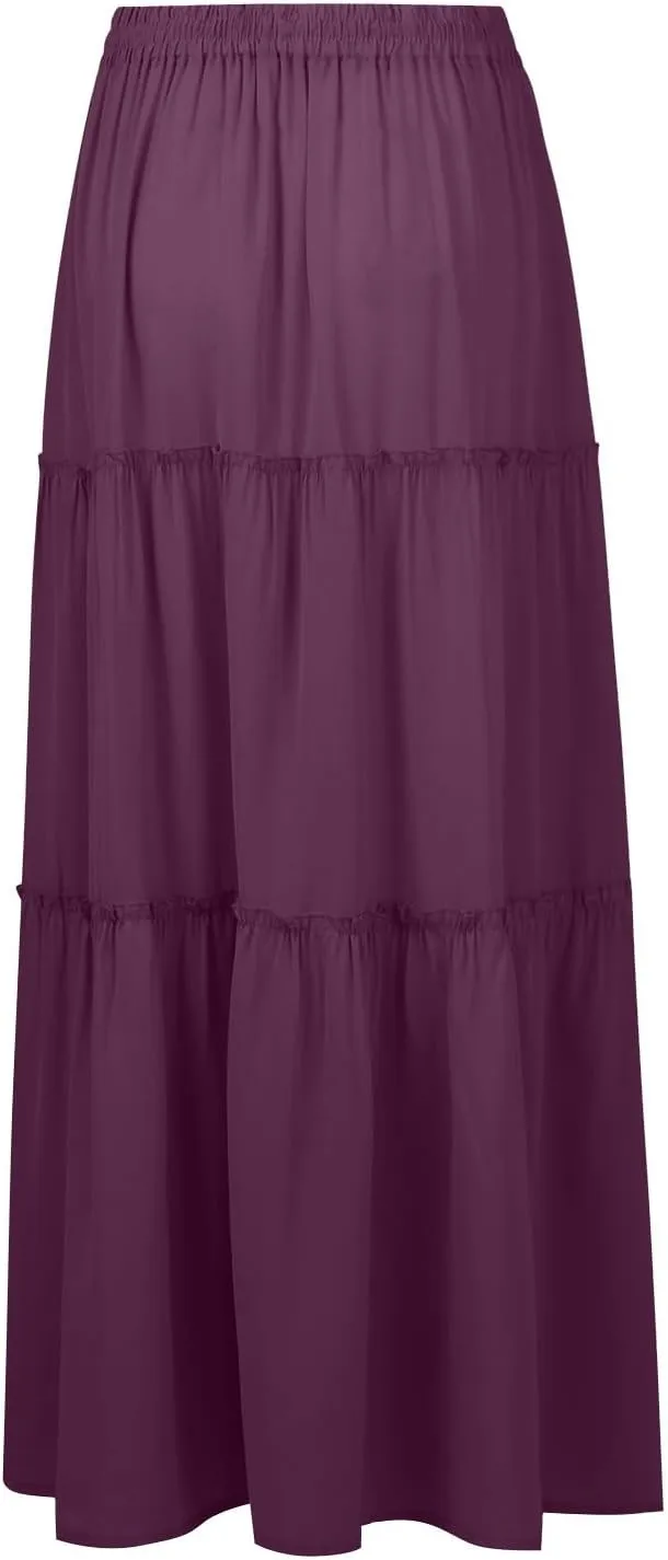Pleated Maxi Skirts for Women Trendy Tiered Flowy Skirt Drawstring High Waisted Long Skirt A Line Ruffle Skirt