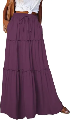 Pleated Maxi Skirts for Women Trendy Tiered Flowy Skirt Drawstring High Waisted Long Skirt A Line Ruffle Skirt