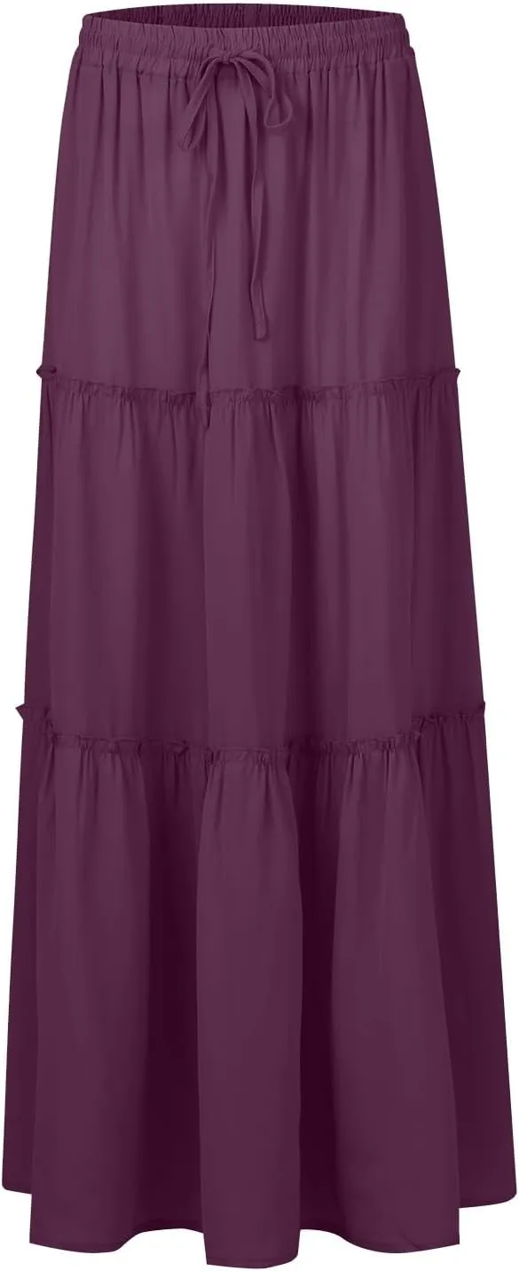Pleated Maxi Skirts for Women Trendy Tiered Flowy Skirt Drawstring High Waisted Long Skirt A Line Ruffle Skirt
