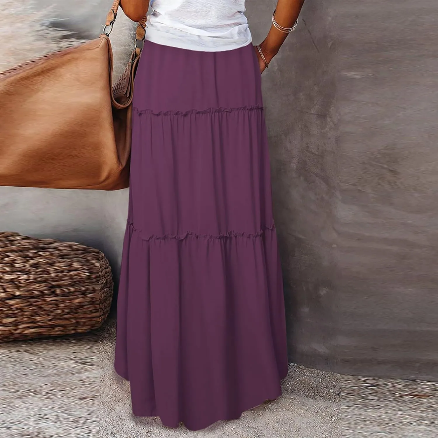 Pleated Maxi Skirts for Women Trendy Tiered Flowy Skirt Drawstring High Waisted Long Skirt A Line Ruffle Skirt