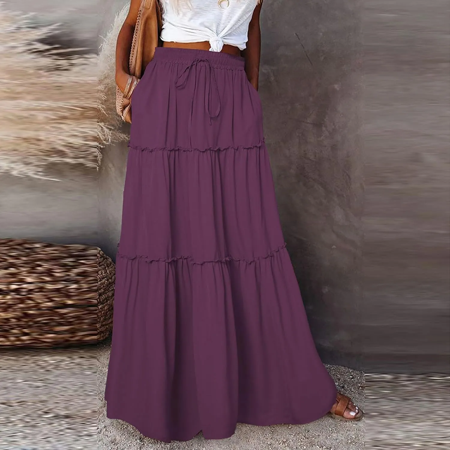 Pleated Maxi Skirts for Women Trendy Tiered Flowy Skirt Drawstring High Waisted Long Skirt A Line Ruffle Skirt