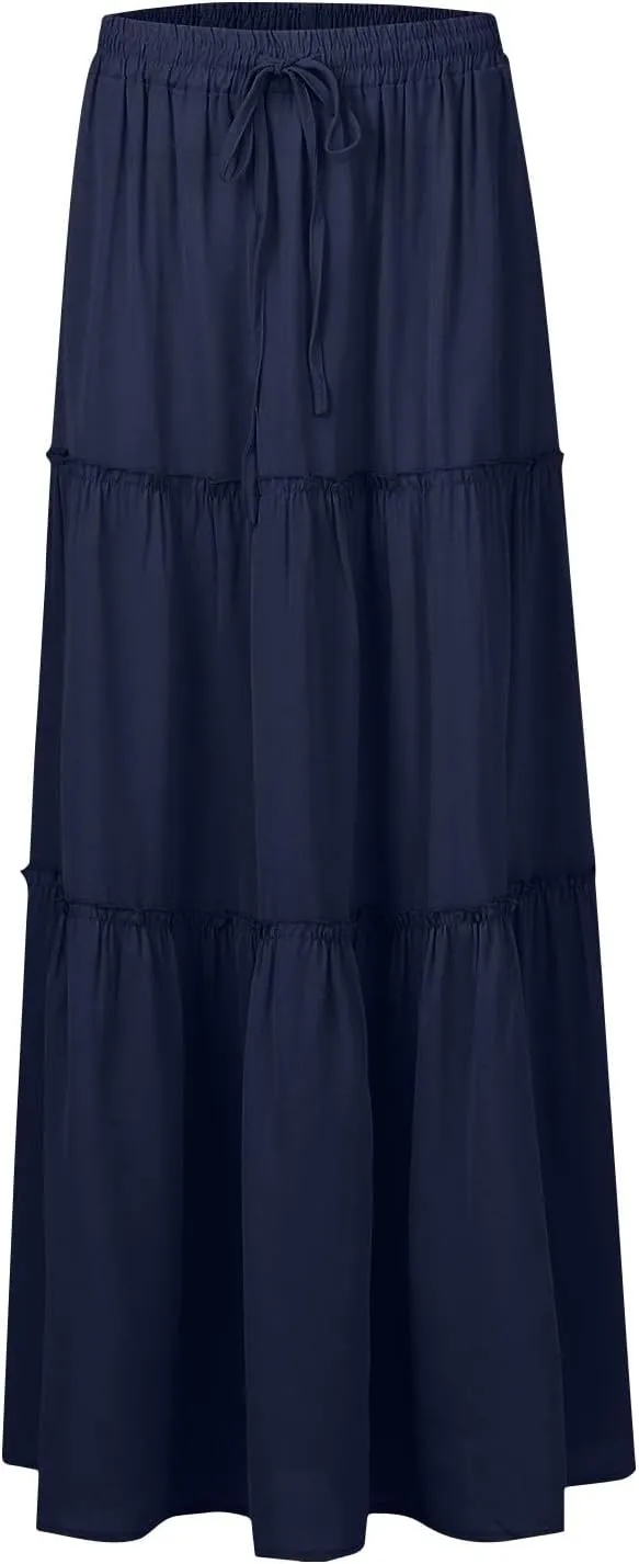 Pleated Skirts for Women Trendy Flowy Maxi Skirts Drawstring Elastic High Waisted Skirts Casual Tiered Ruffle Skirt